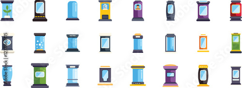 Set of diverse cryogenic chambers and medical capsules, showcasing advanced technology for human preservation, space travel, and futuristic healthcare