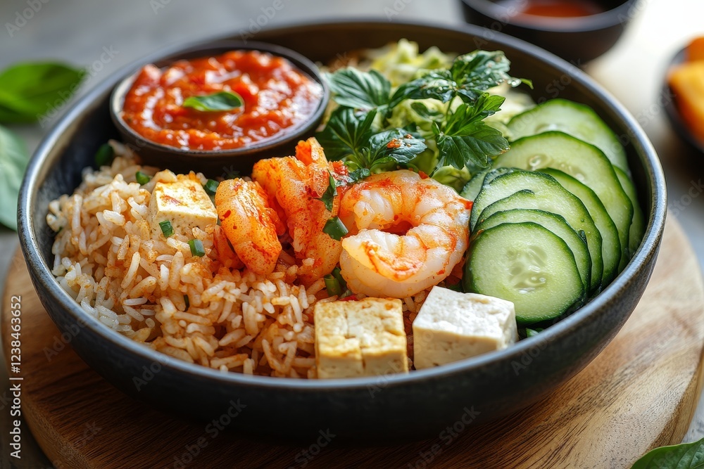 Shrimp tofu rice bowl with sauce, vegetables. Healthy meal Shrimp tofu rice bowl with sauce, vegetables. Healthy meal