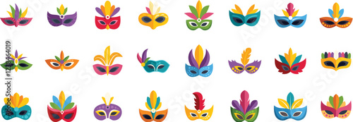 Bright and festive carnival masks adorned with feathers, perfect for celebrating mardi gras, masquerade balls, or any festive occasion