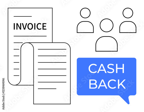 Invoices and a cash back speech bubble next to simple user icons. Ideal for financial services, customer rewards, online transactions, expense management, payment processing, customer retention