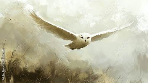   A painting of a white owl soaring above a field of tall grass, framed by a cloudy sky