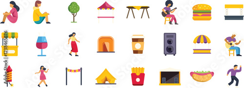Colorful vector icons representing various aspects of a music festival, including food, drinks, music, and activities