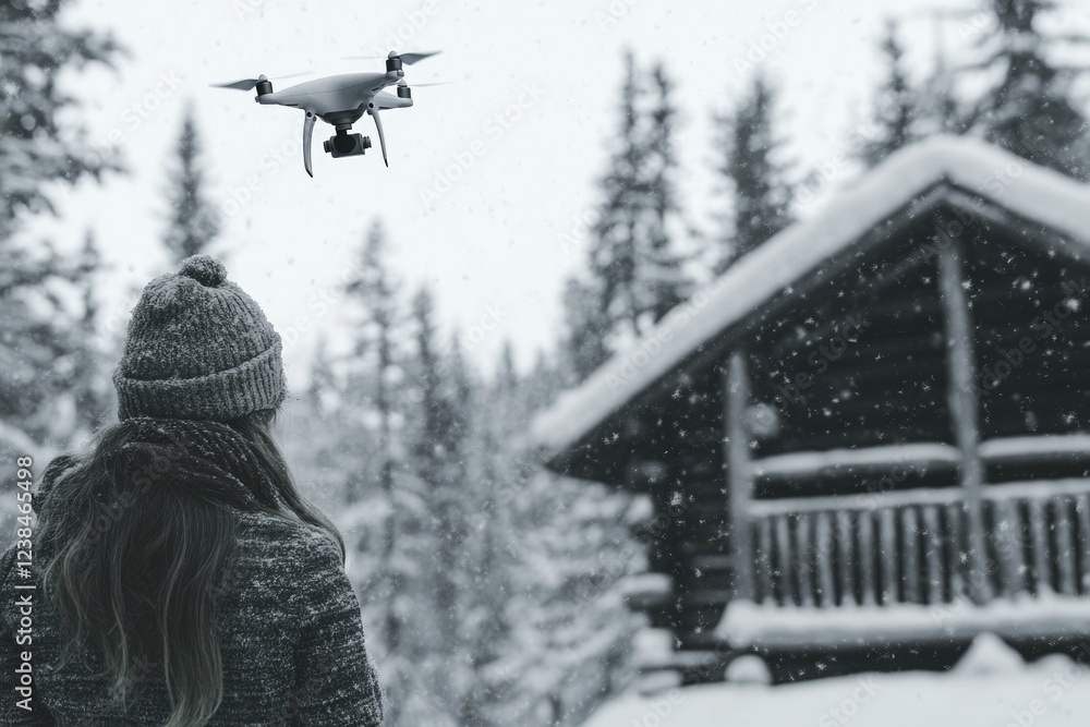 Fototapeta premium A drone flies over a snowy landscape, a woman in a winter hat watches from behind.