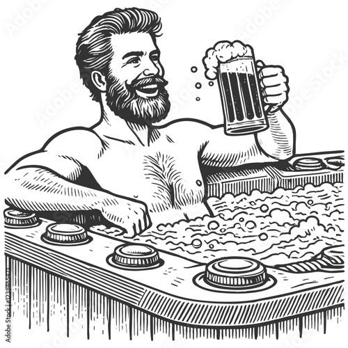 Man Relaxing in Hot Tub with Beer engraving vector