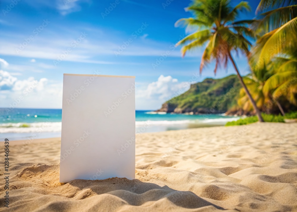 Blank White Poster Mockup on Summer Beach Background: Perfect for Vacation Promotions Blank White Poster Mockup on Summer Beach Background: Perfect for Vacation Promotions
