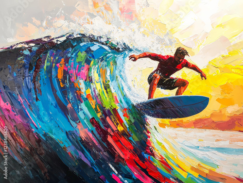 Surfer riding vibrant wave of colorful paint strokes, showcasing excitement photo