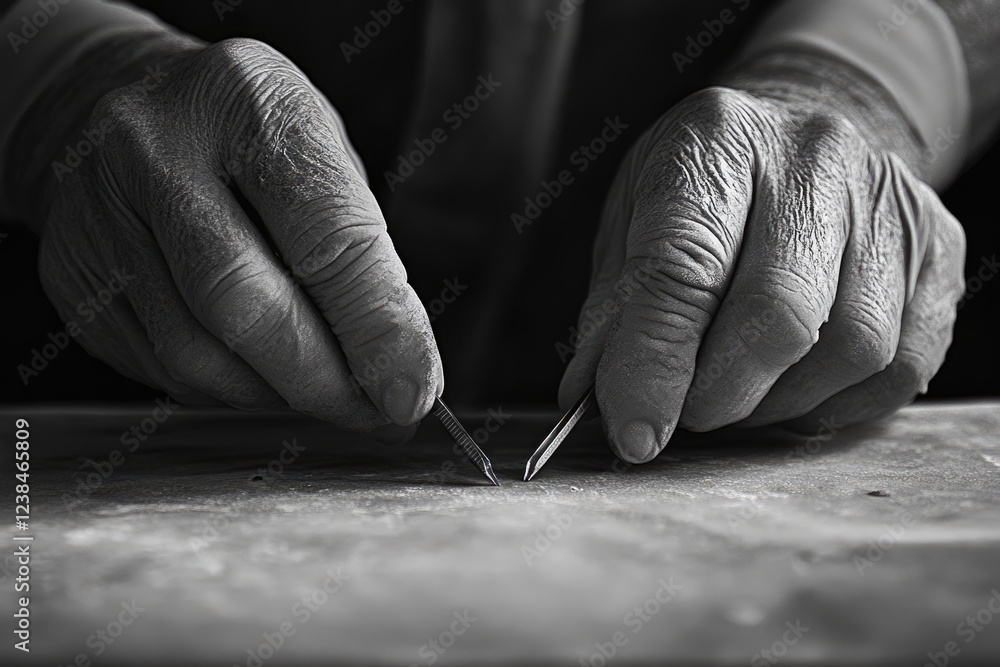 Obraz premium Aged hands delicately manipulate tools, showcasing precision and expertise in a detailed black and white close-up.