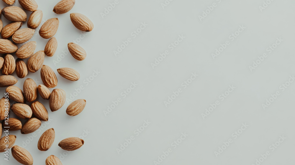 Almonds scattered on light background, showcasing their natural texture and color. Perfect for healthy eating and culinary uses Almonds scattered on light background, showcasing their natural texture and color. Perfect for healthy eating and culinary uses