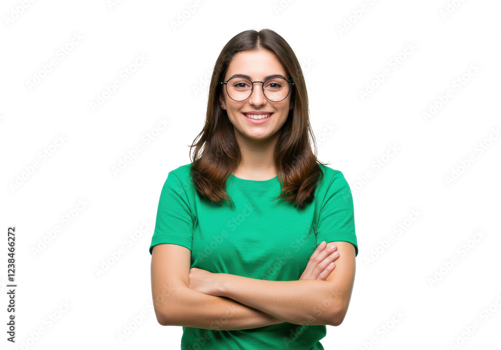 A young woman wearing a green shirt and glasses, smiling confidently with arms crossed, isolated on a white background A young woman wearing a green shirt and glasses, smiling confidently with arms crossed, isolated on a white background