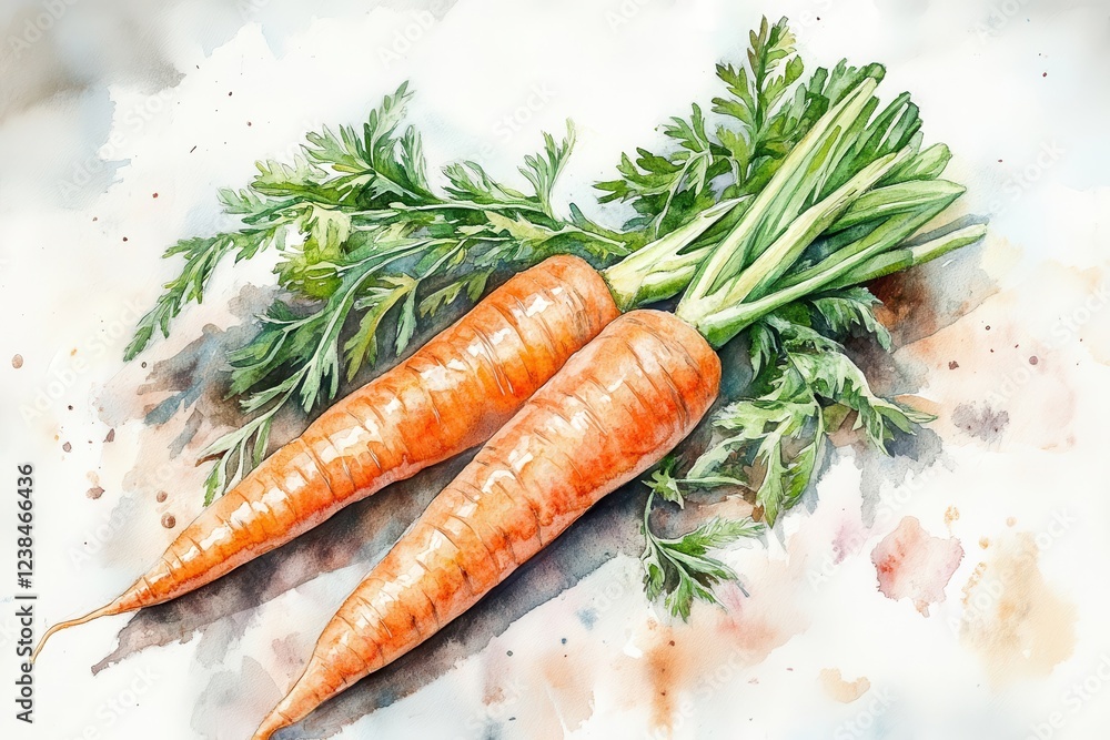 Whimsical watercolor illustration of fresh carrots with rich green foliage showcasing organic farm produce. Perfect for food blogs, culinary projects, and nutrition-focused content Whimsical watercolor illustration of fresh carrots with rich green foliage showcasing organic farm produce. Perfect for food blogs, culinary projects, and nutrition-focused content