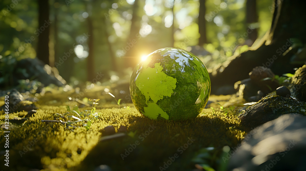 Earth Day concept with a green globe in the forest surrounded by moss and sunlight 16:9 - Image #3 @fme39856 Earth Day concept with a green globe in the forest surrounded by moss and sunlight 16:9 - Image #3 @fme39856