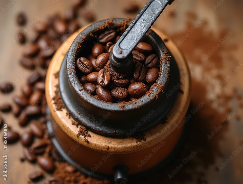 Old manual coffee grinder filled with roasted coffee beans and ground coffee Old manual coffee grinder filled with roasted coffee beans and ground coffee