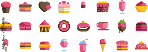 Colorful vector icons representing various valentine's day desserts, cakes, pastries, ice cream, strawberries, donuts, and coffee