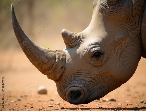 Close-up of white rhinoceros showing its impressive horn in dusty terrain photo