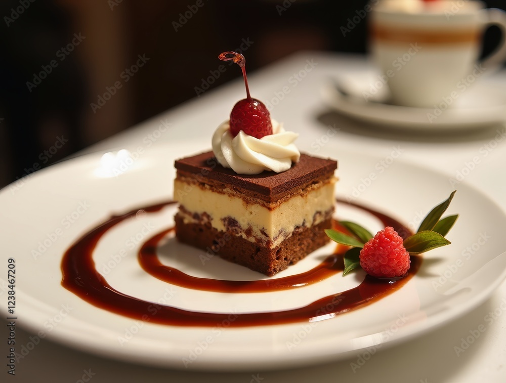 Exquisite tiramisu plated with artistic cocoa and delicate espresso foam, topped with fresh raspberry Exquisite tiramisu plated with artistic cocoa and delicate espresso foam, topped with fresh raspberry
