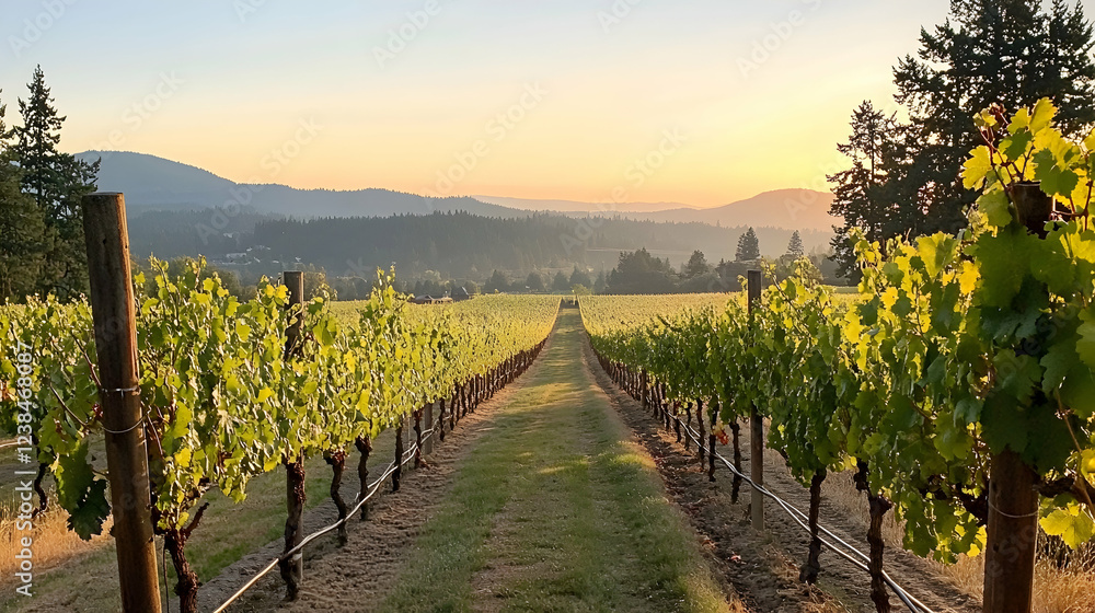 A row of ripe wine grapes ready for harvest at a vineyard in southern Oregon