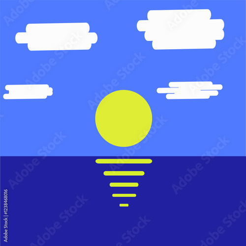 Vector landscape with incredibly clear blue sky, bright sun and crystal blue water