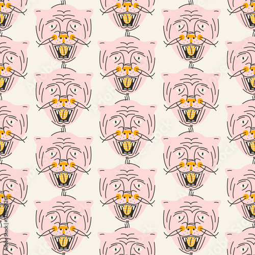 Stylish seamless pattern with muzzles of cats with open mouth and tongue hanging out. Vector print, design, background