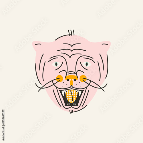 Stylish illustration with a muzzle of a cat with open mouth and tongue hanging out. Vector print, design