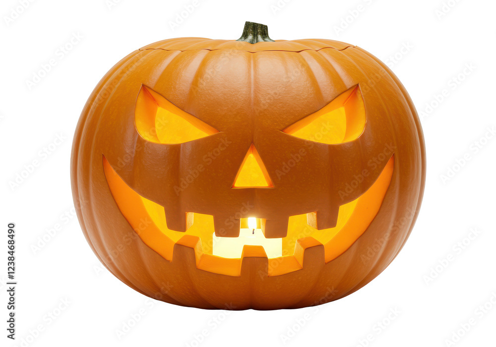 Obraz premium A carved orange pumpkin with a glowing Jack-o'-lantern face, isolated on a white background