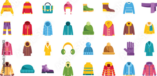 Colorful collection of winter apparel showcasing various jackets, coats, hats, gloves, boots, scarves and earmuffs, essential for staying warm during the cold season