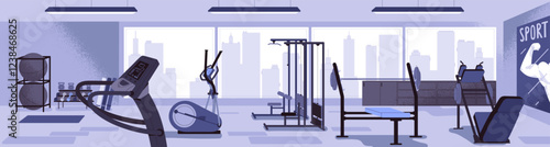 Background with empty fitness gym. Panorama of workout club interior with sports equipments, treadmill for cardio, strength training with weight. Physical exercises indoor. Flat vector illustration