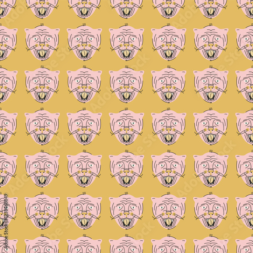 Stylish seamless pattern with muzzles of cats with open mouth and tongue hanging out. Vector print, design, background