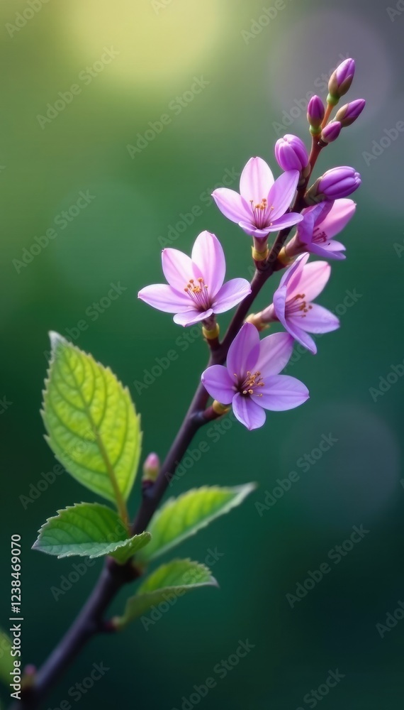 A single branch with a few delicate, purple flowers, leaves, spring A single branch with a few delicate, purple flowers, leaves, spring