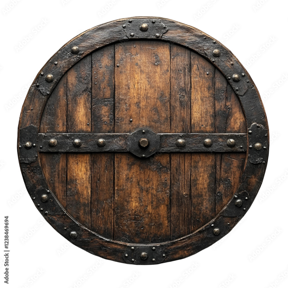 Fototapeta premium Antique Wooden Round Shield with Metal Band Medieval Relic Vintage Decor