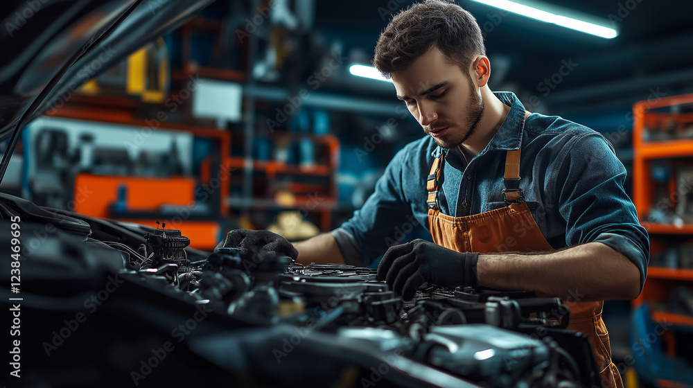 Mechanic Performing Maintenance on a Powerful Car Engine in a Modern Auto Repair Shop Mechanic Performing Maintenance on a Powerful Car Engine in a Modern Auto Repair Shop