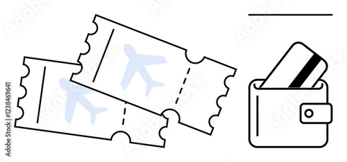 Two airline tickets beside wallet holding a credit card. Ideal for travel agencies, booking services, vacation planning, online payments, ticketing, financial management, e-commerce. Line metaphor