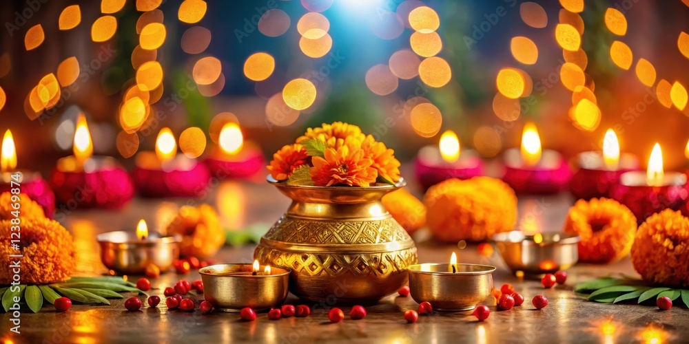 Fototapeta premium Diwali Pooja Decoration with Golden Kalash on Floor, religious decor, diya, religious decor