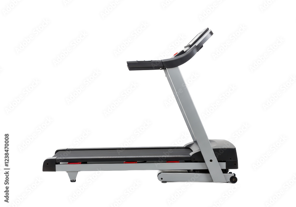 Modern treadmill with sleek design, black running belt and silver frame, isolated on white background Modern treadmill with sleek design, black running belt and silver frame, isolated on white background