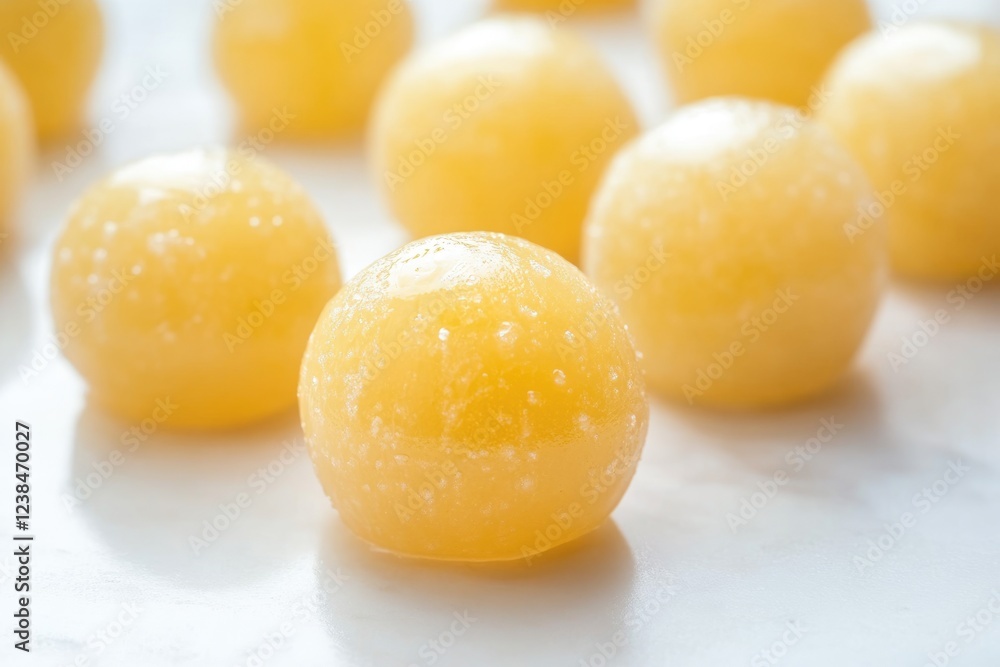 Close-up of several round, pale-yellow, translucent candies on a white surface. Close-up of several round, pale-yellow, translucent candies on a white surface.