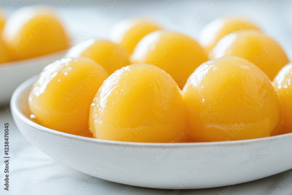 Close-up of a bowl filled with shiny, golden-yellow canned peaches, glistening with syrup. Close-up of a bowl filled with shiny, golden-yellow canned peaches, glistening with syrup.