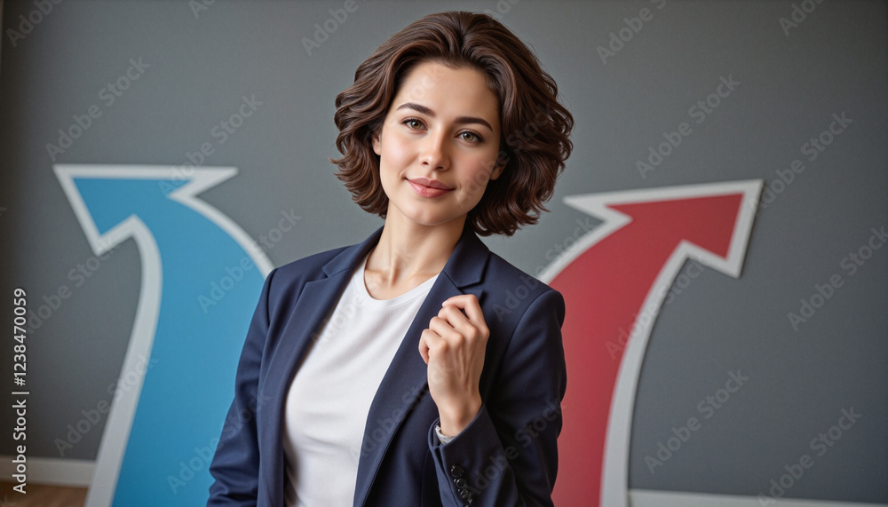 Confident female professional in a navy blazer symbolizing career choices with diverging paths Confident female professional in a navy blazer symbolizing career choices with diverging paths