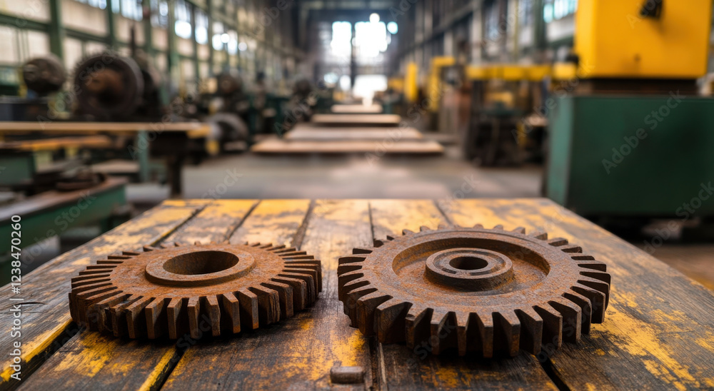 Large industrial factory warehouse featuring various machinery and equipment, with significant gears prominently displayed on a workbench Large industrial factory warehouse featuring various machinery and equipment, with significant gears prominently displayed on a workbench