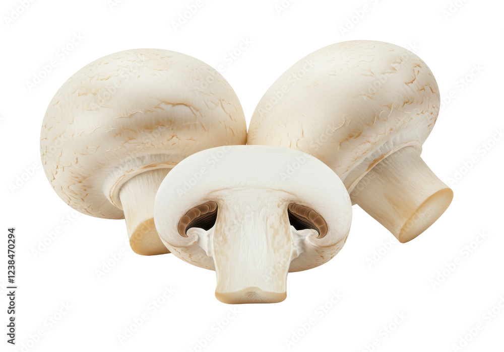 Three fresh white button mushrooms, including one sliced in half, isolated on white background Three fresh white button mushrooms, including one sliced in half, isolated on white background