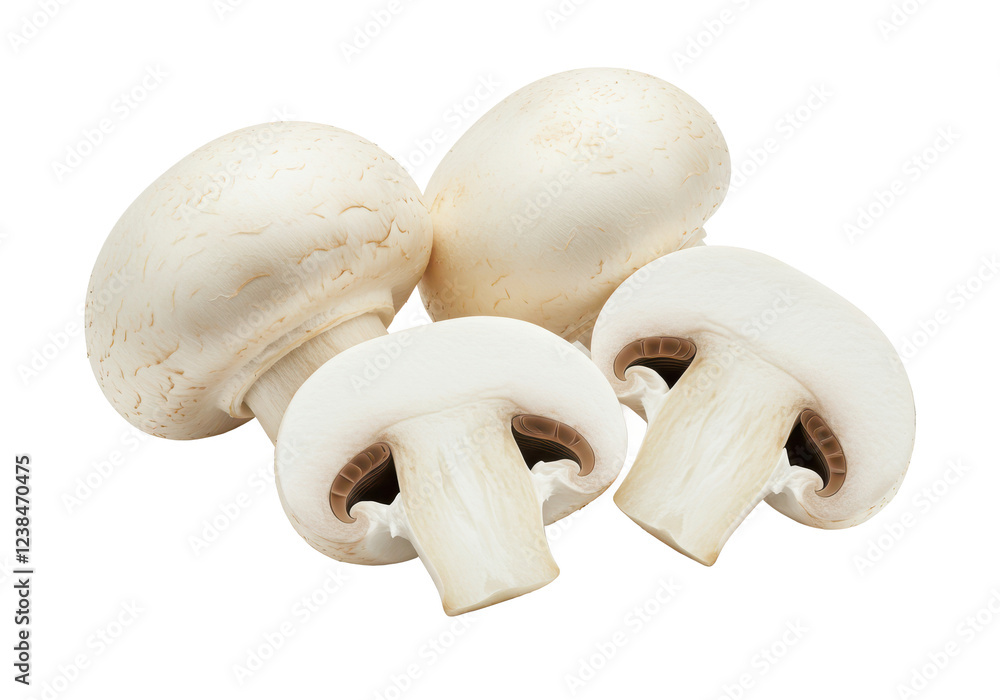 Three fresh white button mushrooms, including one sliced in half, isolated on white background Three fresh white button mushrooms, including one sliced in half, isolated on white background