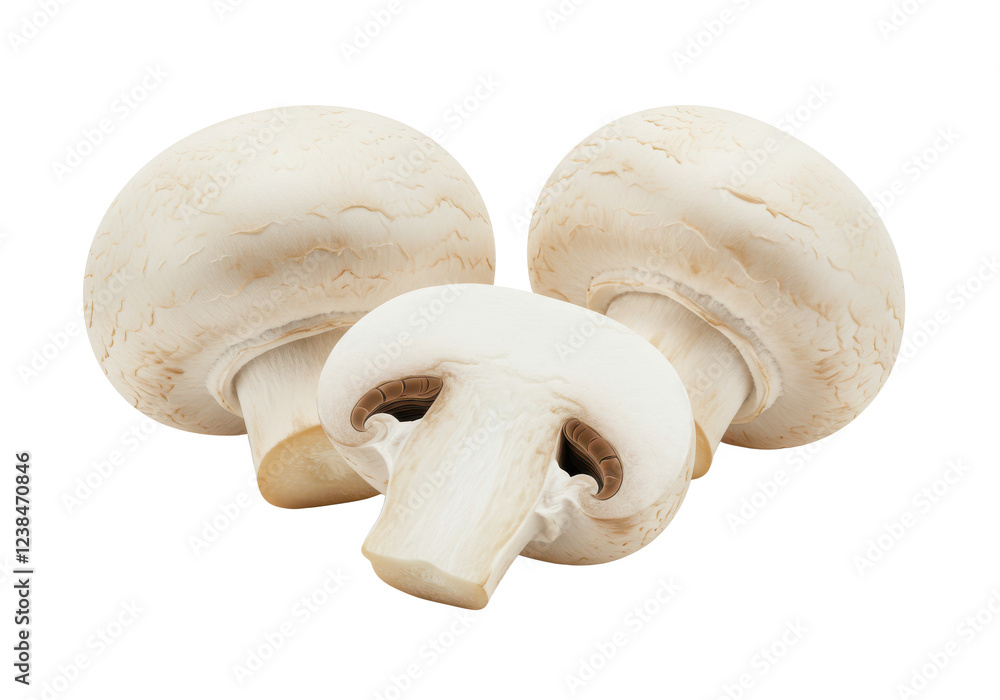 Fototapeta premium Three fresh white button mushrooms, including one sliced in half, isolated on white background