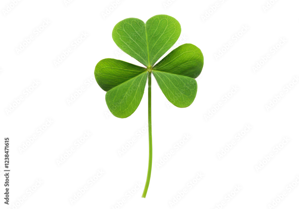 A vibrant green four-leaf clover with a long stem, isolated on white background A vibrant green four-leaf clover with a long stem, isolated on white background