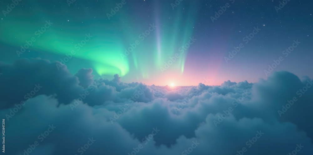 Softly glowing aurora borealis amidst swirling clouds of misty foggy weather, mist, atmospheric effect, serene Softly glowing aurora borealis amidst swirling clouds of misty foggy weather, mist, atmospheric effect, serene