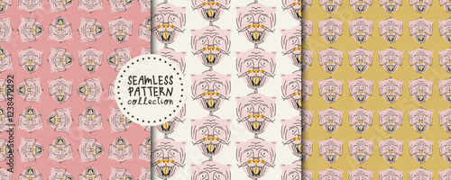 Set. Collection. Stylish seamless patterns with muzzles of cats with open mouth and tongue hanging out. Vector prints, designs, backgrounds