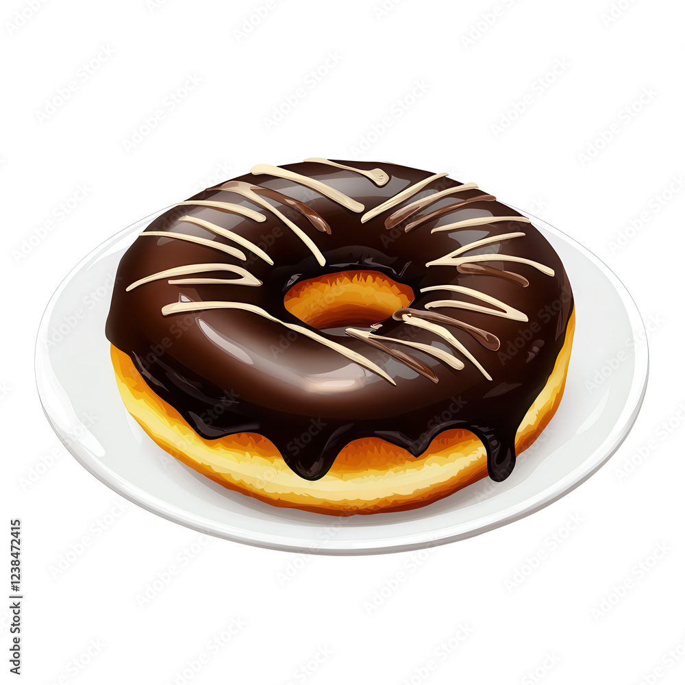 Chocolate Glazed Donut: A delectable chocolate glazed donut, adorned with elegant drizzles of white icing, sits invitingly on a plate, promising a delightful treat. Chocolate Glazed Donut: A delectable chocolate glazed donut, adorned with elegant drizzles of white icing, sits invitingly on a plate, promising a delightful treat.