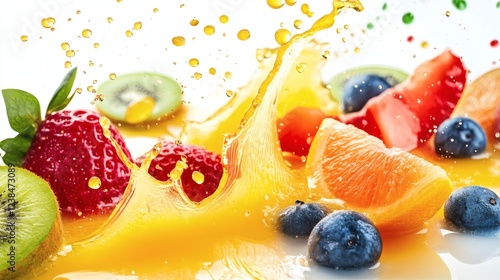 Colorful fruit splash captures the freshness of strawberries, blueberries, kiwis, and oranges with vibrant juice spray in a bright setting