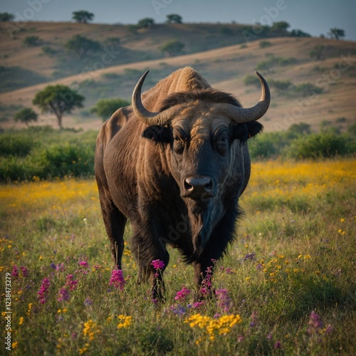  Mehsana Buffalo in a Flowering Meadow. buffalo in the field.  photo