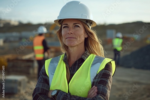 Confident female engineer at a construction site, leading her team. Perfect for architecture, engineering, and contractor project themes.