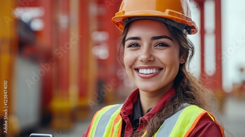 Confident female industrial engineer in a hard hat and safety vest using a tablet at a busy shipping container terminal, overseeing logistics. photo