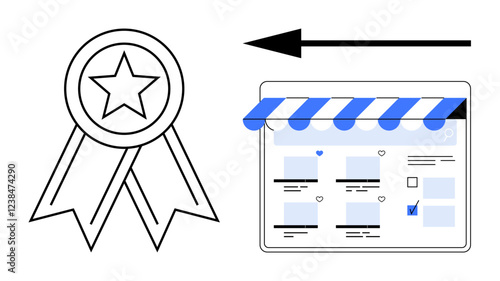 Star badge next to online storefront with a left arrow, highlighting e-commerce quality and success. Ideal for online business, recognition, achievement, quality assurance, success, branding