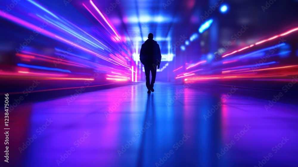 Neon City Nightscape: A Solitary Figure Walking Through a Futuristic Corridor Illuminated by Vibrant Light Streaks Neon City Nightscape: A Solitary Figure Walking Through a Futuristic Corridor Illuminated by Vibrant Light Streaks